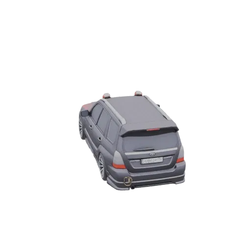 3D model of a dark grey SUV with roof racks and a custom exhaust, shown from a rear-three-quarter angle.