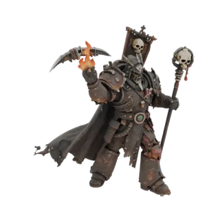 3D model of Chaos Warrior in rusted armor, with scythe, staff, and banner, on black background