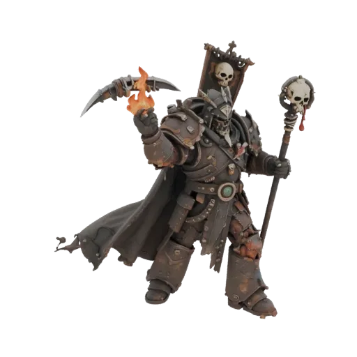 3D model of Chaos Warrior in rusted armor, with scythe, staff, and banner, on black background