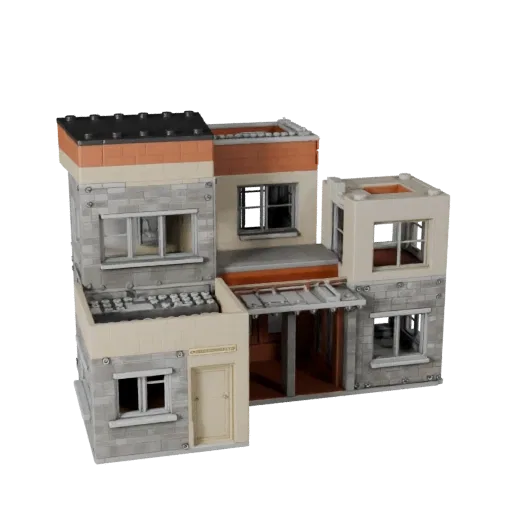 Kit de edificio público modular modelo 3D STL imprimible, vista isométrica, mostrando materiales del kit de edificio modular