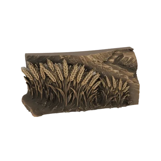 3D model of a relief featuring a detailed wheat field with stalks and leaves, rendered in a bronze-like texture.