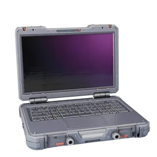Rugged Portable Workstation High Poly 3D model, close-up studio render, showing brushed metal, open lid angle.