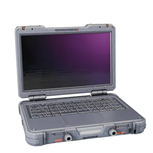 Rugged Portable Workstation High Poly 3D model, close-up studio render, showing brushed metal, open lid angle.