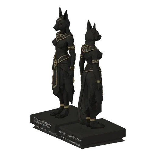 3D model of the Egyptian goddess Bastet, a black statue with gold accents, shown from the front and side on dark pedestals.