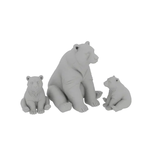 Ein 3D-Render einer Bärenfamilie, mit einem großen erwachsenen Bären zwischen zwei kleineren Jungtieren, alle in einem neutra