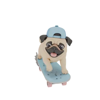 3D-Modell eines süßen Mopses mit blauer Kappe auf einem hellblauen Skateboard mit pinken Rädern.