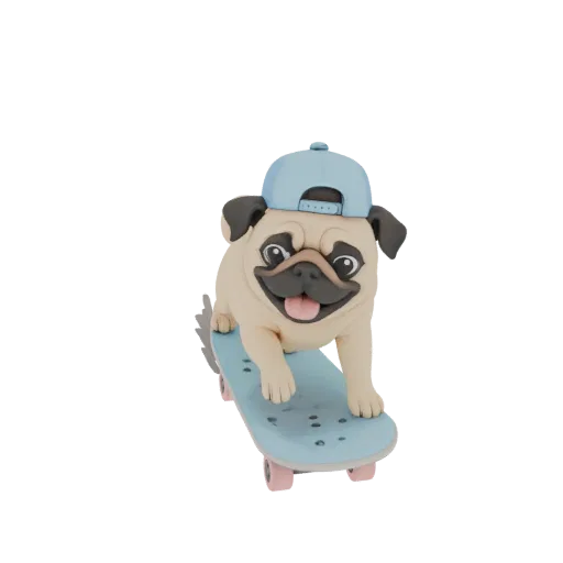 3D model of a cute pug wearing a blue cap and riding a light blue skateboard with pink wheels.