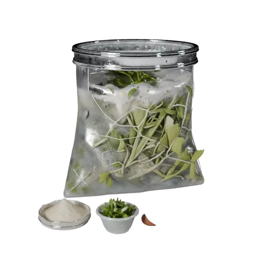 Fresh Herb Rice Sack High Poly 3D model, close-up studio render, showing powders, small ingredient shapes.