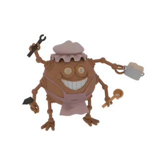3D model of a whimsical potato character dressed as a chef, wearing an apron and cap, holding a wrench and a ladle.