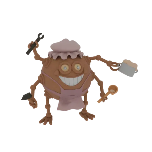 3D model of a whimsical potato character dressed as a chef, wearing an apron and cap, holding a wrench and a ladle.