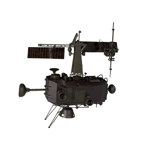 Weather Space Probe 3D model, three-quarter front view, Unreal Engine viewport, showing solar panels, form detail.