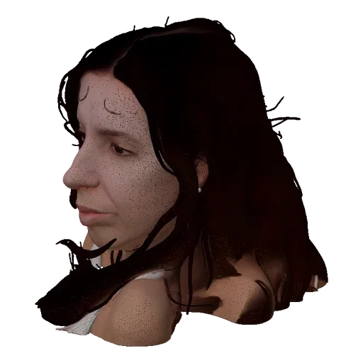 3D render of an AI-generated bust of a woman with long, dark, flowing hair and a neutral expression.