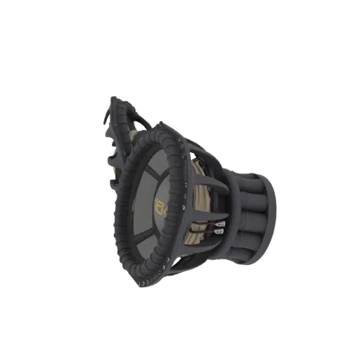 3D model of a heavy-duty subwoofer speaker with a dark, rugged design, showing visible coils and a sturdy frame.