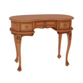 3D model of a light-brown wooden vanity table with three drawers and ornate cabriole legs, set against a white background.