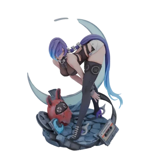3D model of a cyberpunk girl with blue hair, wearing a dark outfit, posing on a crescent moon with rubble and a cassette tape at the base.