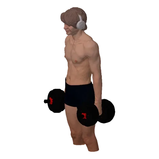 3D model of a young man with brown hair, wearing white headphones and black shorts, holding dumbbells in each hand.