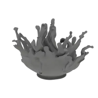 A 3D model of a dynamic liquid splash, frozen in mid-air with intricate tendrils and droplets.