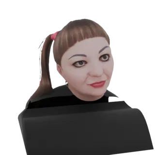 A 3D render of a stylized woman with a brown ponytail, dark eyeliner, and red lipstick, wearing a black garment.