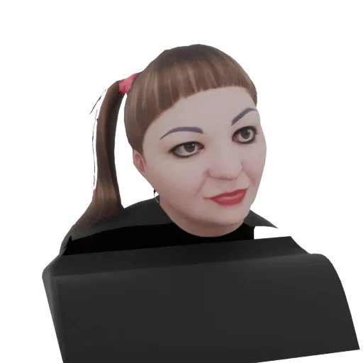 Render 3D de mujer estilizada con coleta castaña, delineador oscuro y labios rojos, con prenda negra.