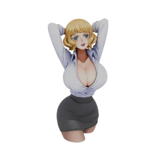 Rendu 3D d'un buste de femme de bureau style anime portant une chemise blanche et une jupe grise, mains derrière la tête.