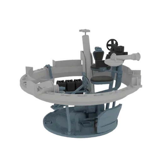 3D model of a detailed tank turret interior, showing a crew seat, steering wheel, gun mount, and ammunition storage.