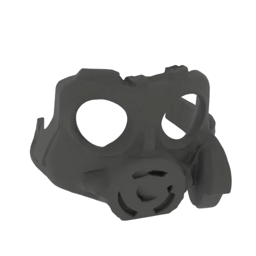 A dark, detailed 3D model of a futuristic sci-fi gas mask with large eye lenses and a central filter.