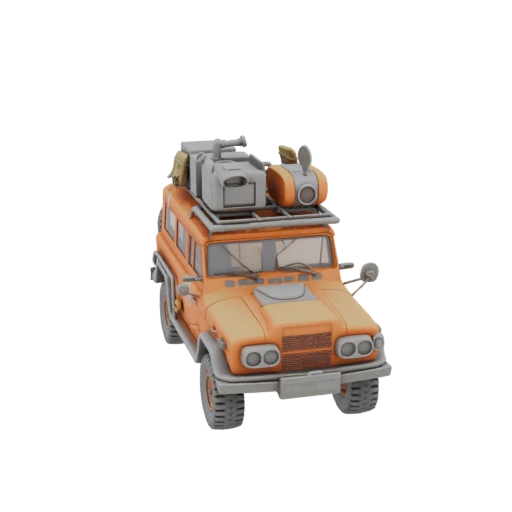 Orange Expedition Vehicle with Roof Rack and Equipment