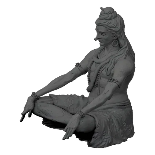 3D model of Lord Shiva meditating, depicted as a gray statue with intricate details and serene expression.