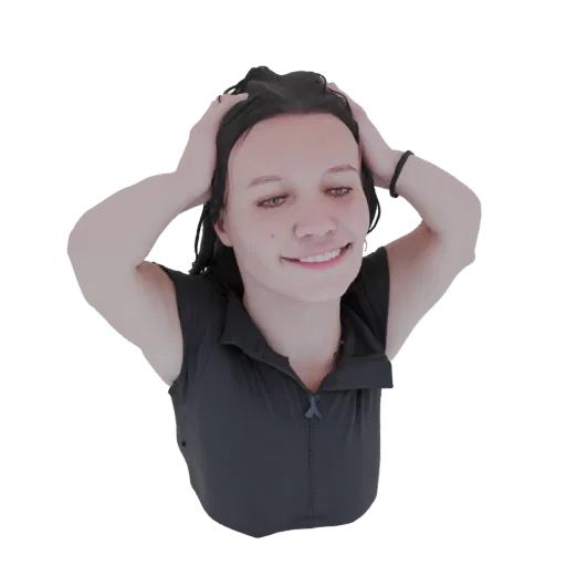 3D model of a young woman with dark hair, smiling with her hands on her head, wearing a dark sleeveless top.