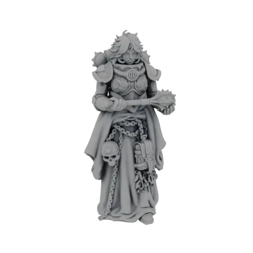 3D model of a gothic warrior woman with ornate armor, holding a mace and wearing a chain with a skull pendant.
