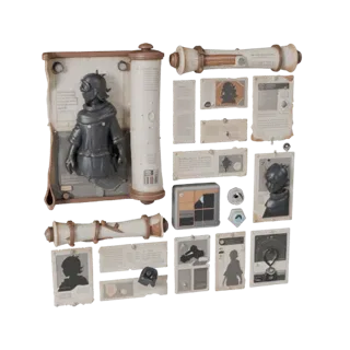 Modello 3D stilizzato di bundle di pergamene di mercato, rendering isometrico stilizzato, che mostra carte simili a pergamene