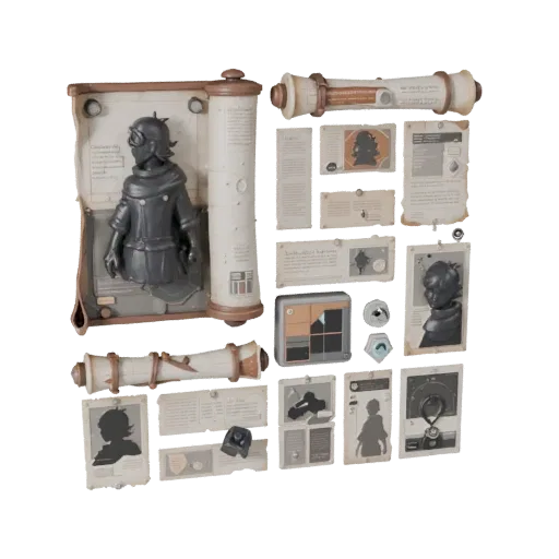 Market Scroll Bundle Stylized 3D model, stylized isometric render, showing paper-like cards, small readable forms.