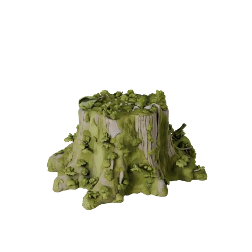 Mossy Stump Set High Poly 3D model, close-up cinematic environment render, showing leaf clusters, terrain detail.