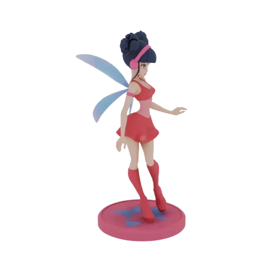 3D model of a stylized fairy with blue hair, pink headphones, red outfit, and translucent wings, standing on a pink base with a blue star.