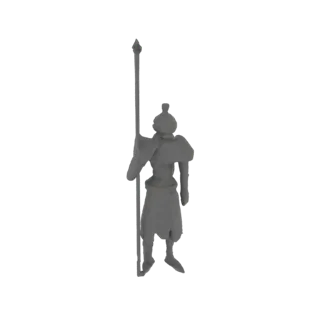 3D model of an ancient Chinese warrior in gray, holding a spear, viewed from the back.