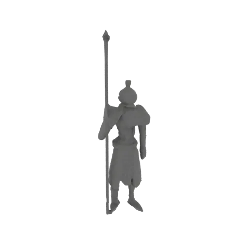 3D model of an ancient Chinese warrior in gray, holding a spear, viewed from the back.