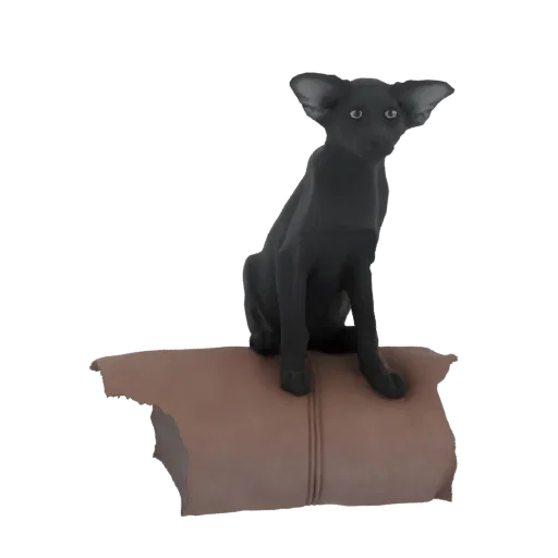 3D model of a black Oriental Shorthair cat with large ears, sitting upright on a brown pillow.