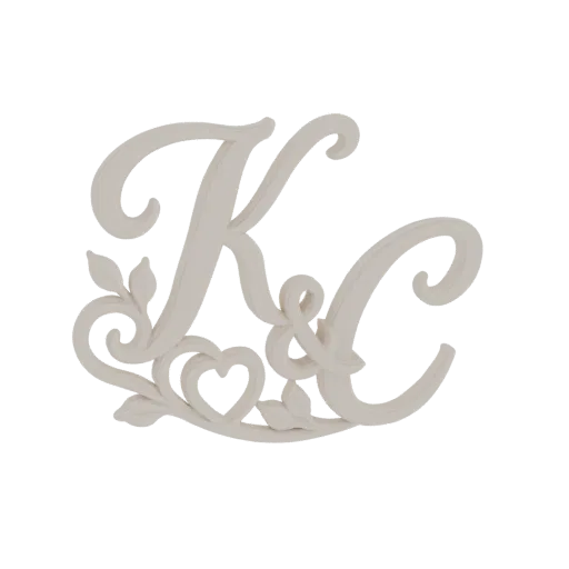 3D model of an ornate monogram with letters 'K' and 'C' intertwined, featuring a heart and decorative leaves.