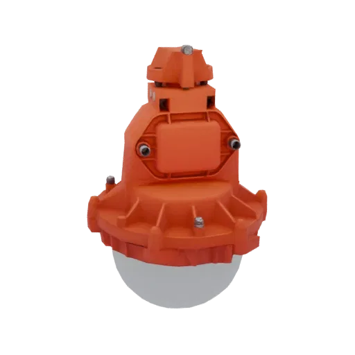 3D-Modell einer orangefarbenen, industriellen, explosionsgeschützten Lampe mit robustem Gehäuse und transluzentem Diffusor, v
