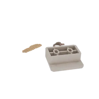 3D render of a miniature brass-colored key and a light gray lock mechanism with two circular openings, isolated on a white ba