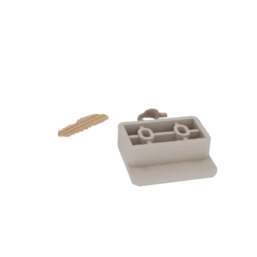 Rendu 3D d'une clé miniature de couleur laiton et d'un mécanisme de serrure gris clair avec deux ouvertures circulaires, isol