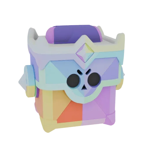 3D model of a colorful, gem-faceted Ultra Trophy Box with a stern face, suitable for games and 3D printing.