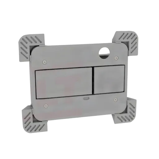 3D model of a gray dual flush toilet actuator plate with two rectangular buttons