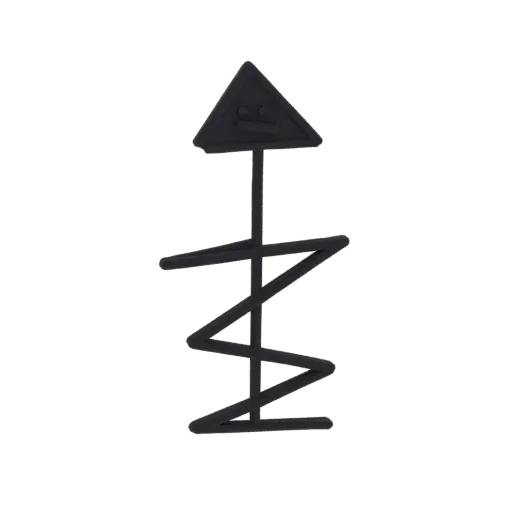 Render 3D di una scultura astratta nera che assomiglia a una freccia rivolta verso l'alto con una base a zigzag e un volto se