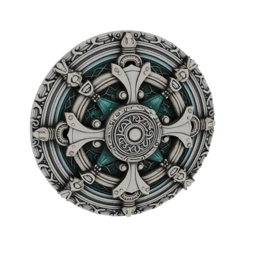 3D model of an ornate Celtic Wheel of Life with intricate silver-like knotwork and a central teal gemstone.