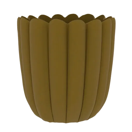 A 3D render of a fluted planter pot with vertical ridges and a matte, earthy-toned finish, set against a black background.