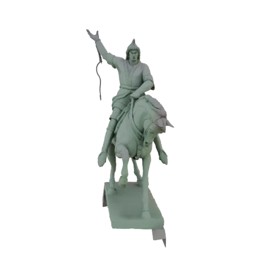 3D model of an ancient warrior in armor, mounted on a horse, with one arm raised.