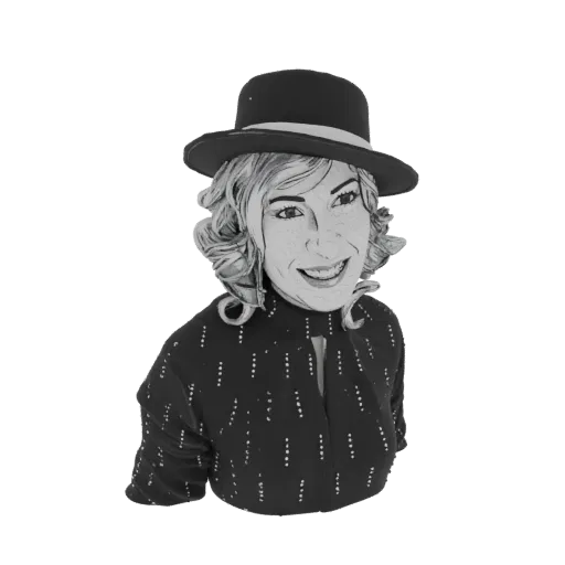 A black and white 3D model of a woman wearing a hat and a polka dot dress, with a friendly smile.