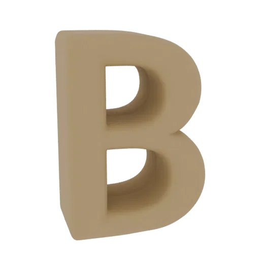 Un render 3D de la letra mayúscula 'B' con un acabado beige mate y suave, presentado sobre un fondo negro.