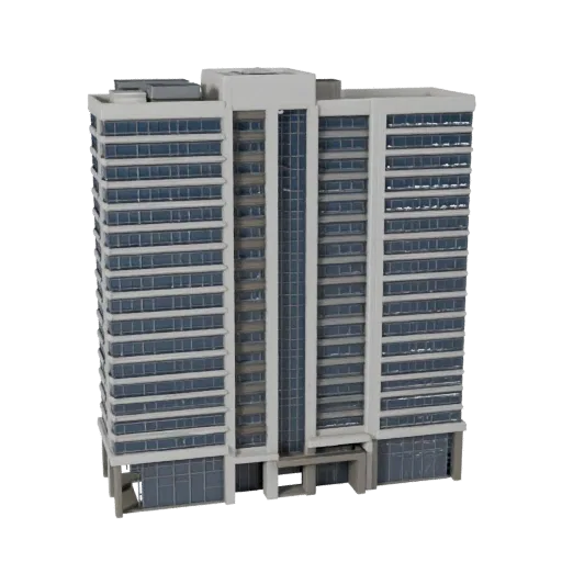 Office Building low poly 3D model, game-ready exterior view, showing commercial office building materials and architectural d